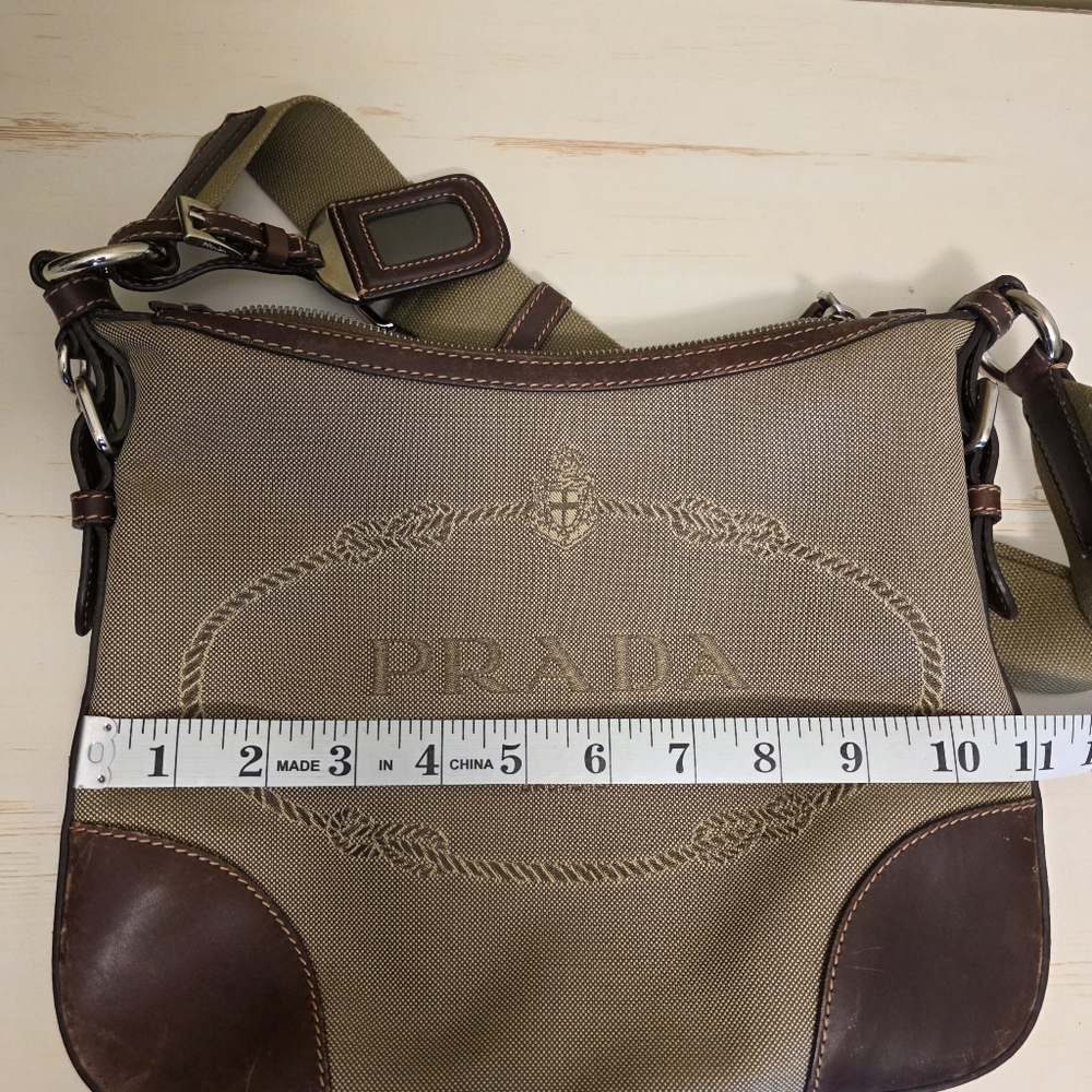 Prada | Small Prada Logo Jacquard Tan Canvas Shoulder/Crossbody  Bag - Picture 13 of 15